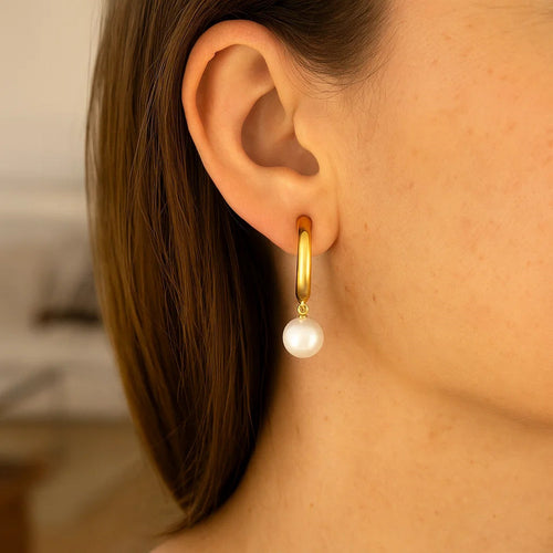 14k Yellow Gold Half Hoop Earrings with Pearls