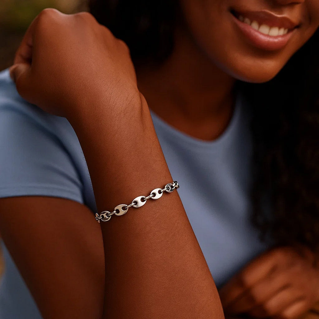 Sterling Silver Rhodium Plated Puffed Mariner Bracelet (3.70 mm)