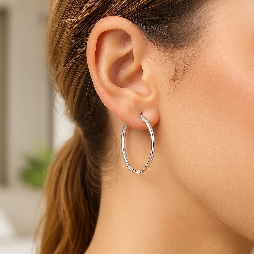 Sterling Silver Thin Polished Hoop Style Earrings with Rhodium Plating (2x30mm)