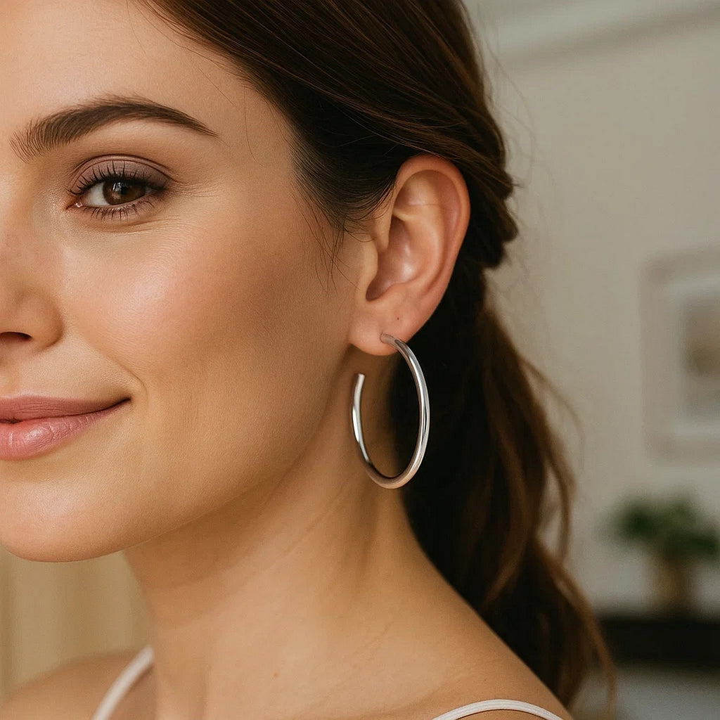 Sterling Silver Round Tube C Hoop Earrings