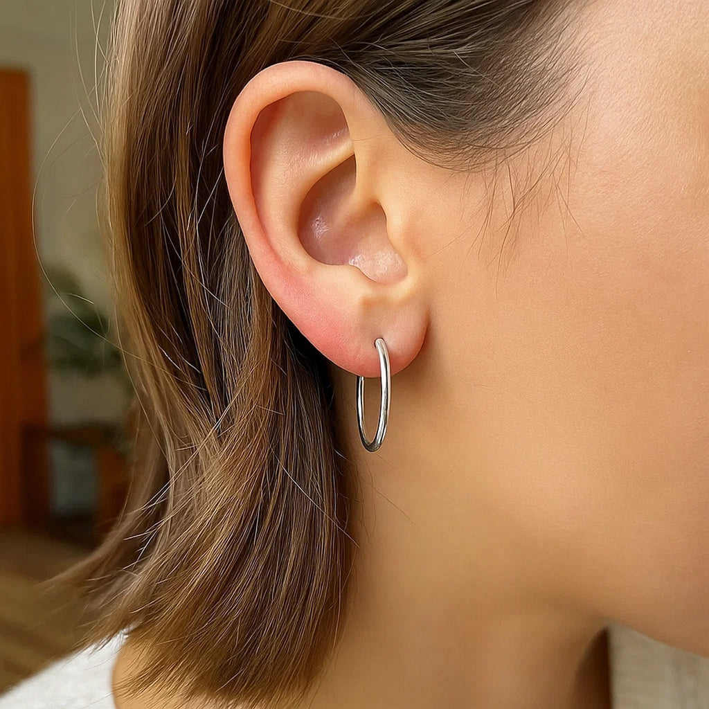 Sterling Silver Rhodium Plated Thin and Polished Hoop Motif Earrings (2x25mm)