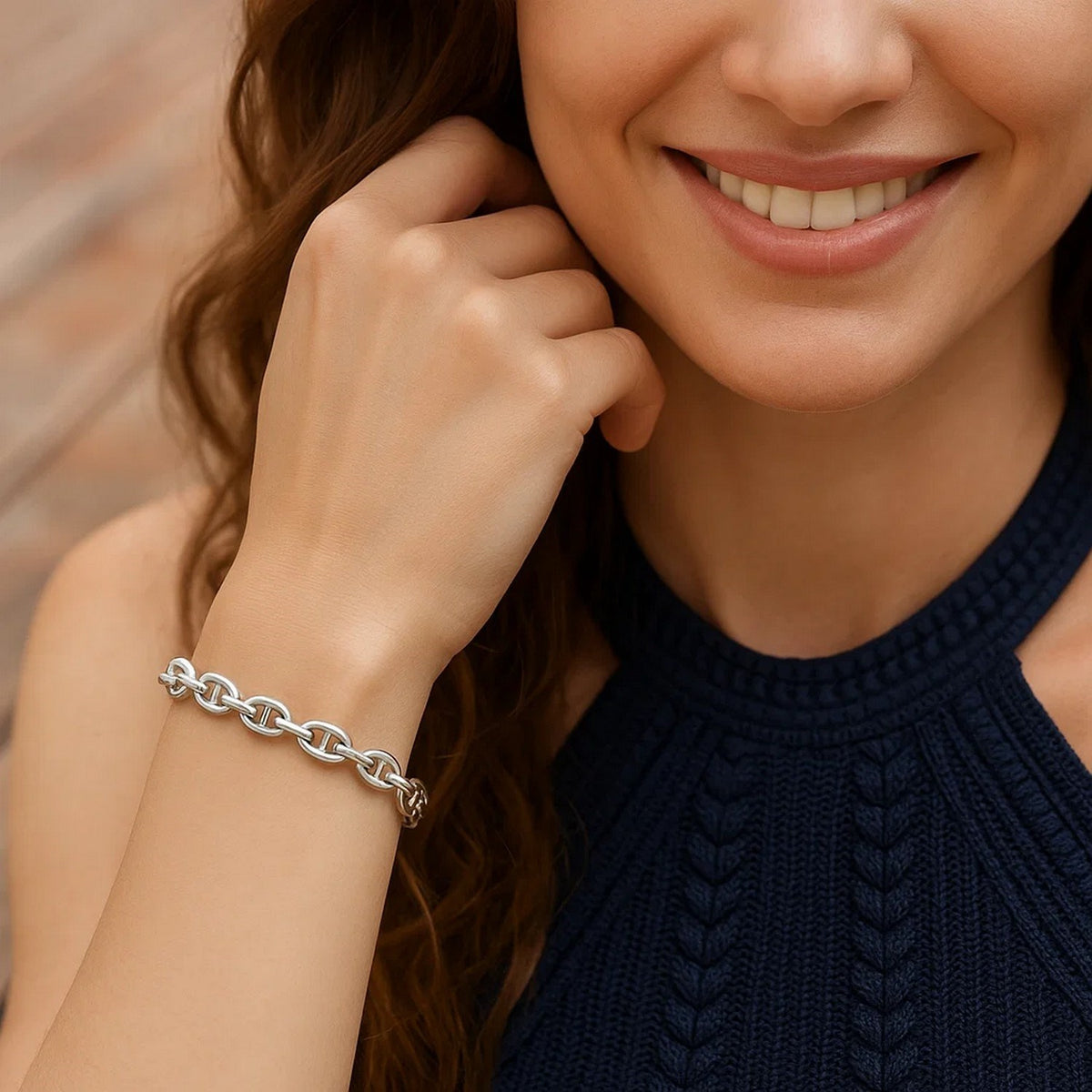 Sterling Silver Rhodium Plated Puffed Mariner Bracelet (5.90 mm)