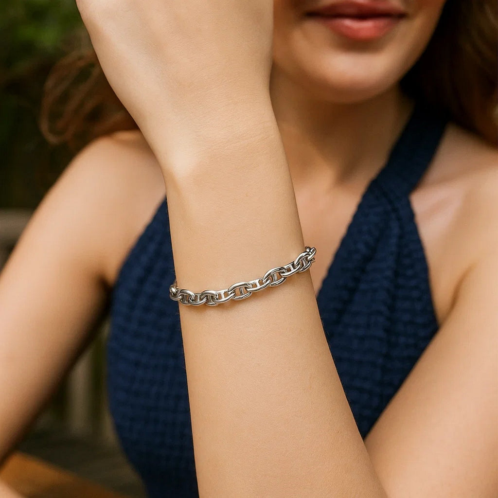 Sterling Silver Rhodium Plated Puffed Mariner Bracelet (5.90 mm)
