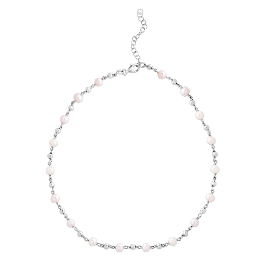 Sterling Silver Rhodium Plated Pearl Bead Bracelet
