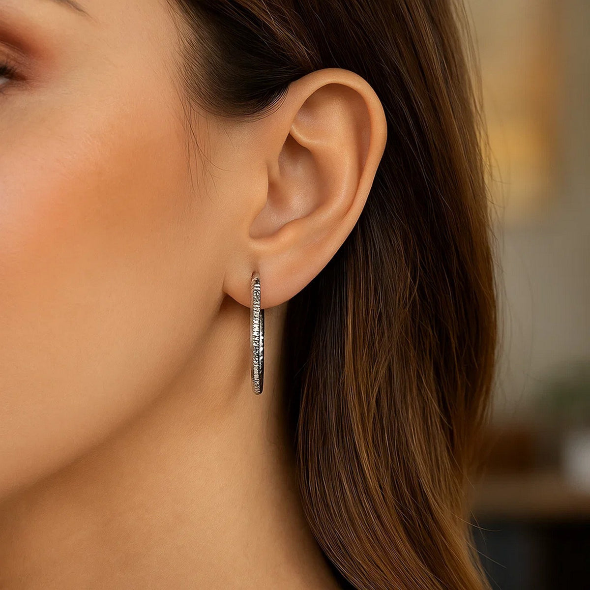 Sterling Silver Rhodium Plated Woven Style Polished Hoop Earrings(2x30mm)