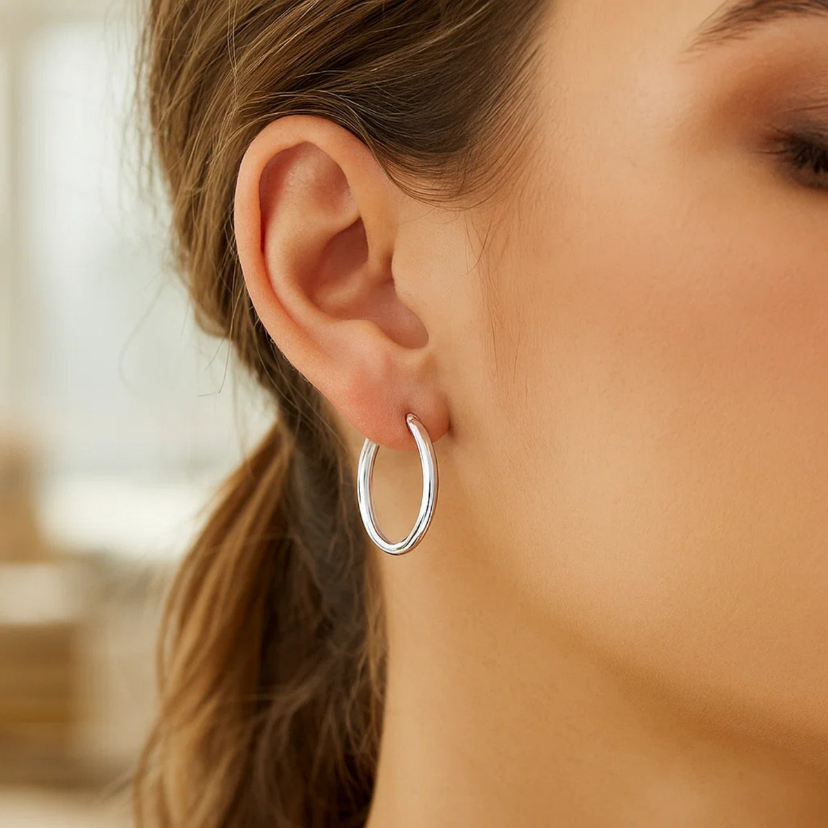 Sterling Silver Rhodium Plated Polished Look Hoop Earrings (3x25mm)