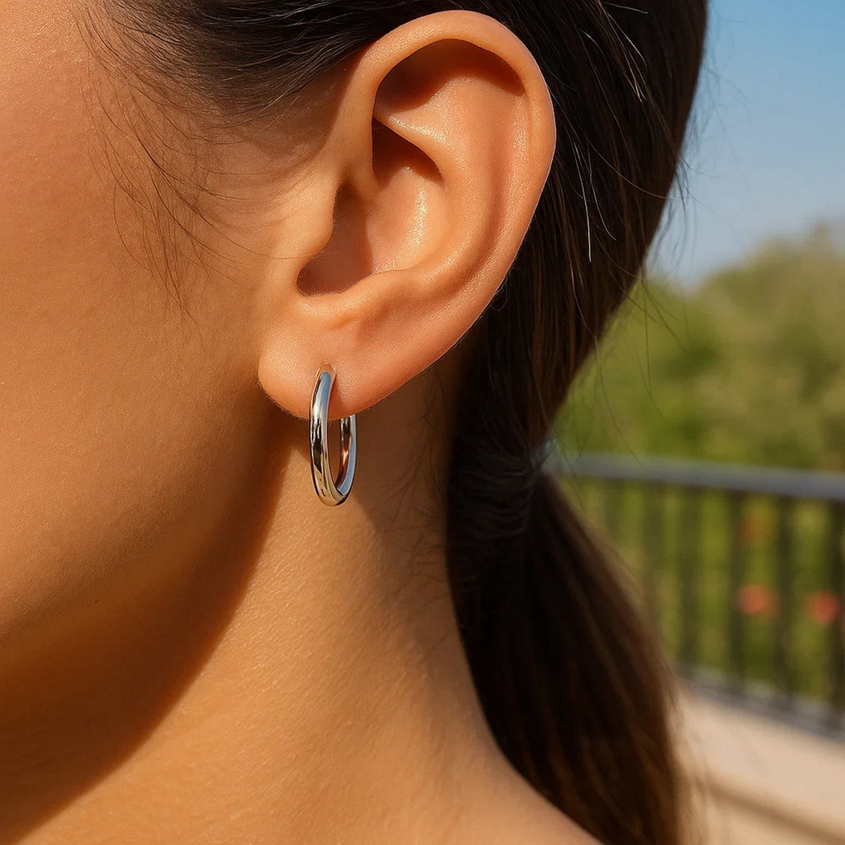 Sterling Silver Polished Hoop Style Earrings with Rhodium Plating (3x15mm)
