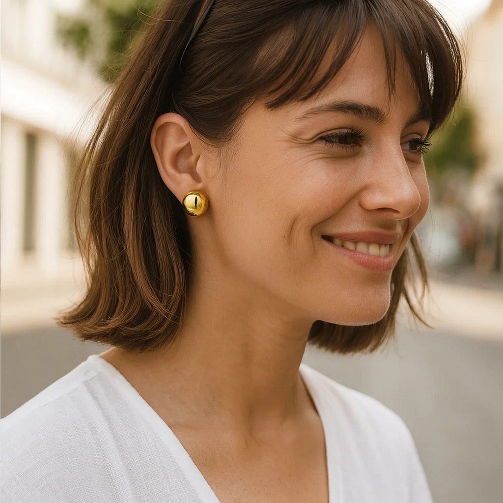 Sterling Silver Yellow Gold Plated Puffed Button Omega Earrings