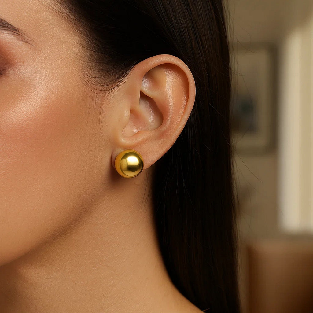 Sterling Silver Yellow Gold Plated Puffed Button Omega Earrings
