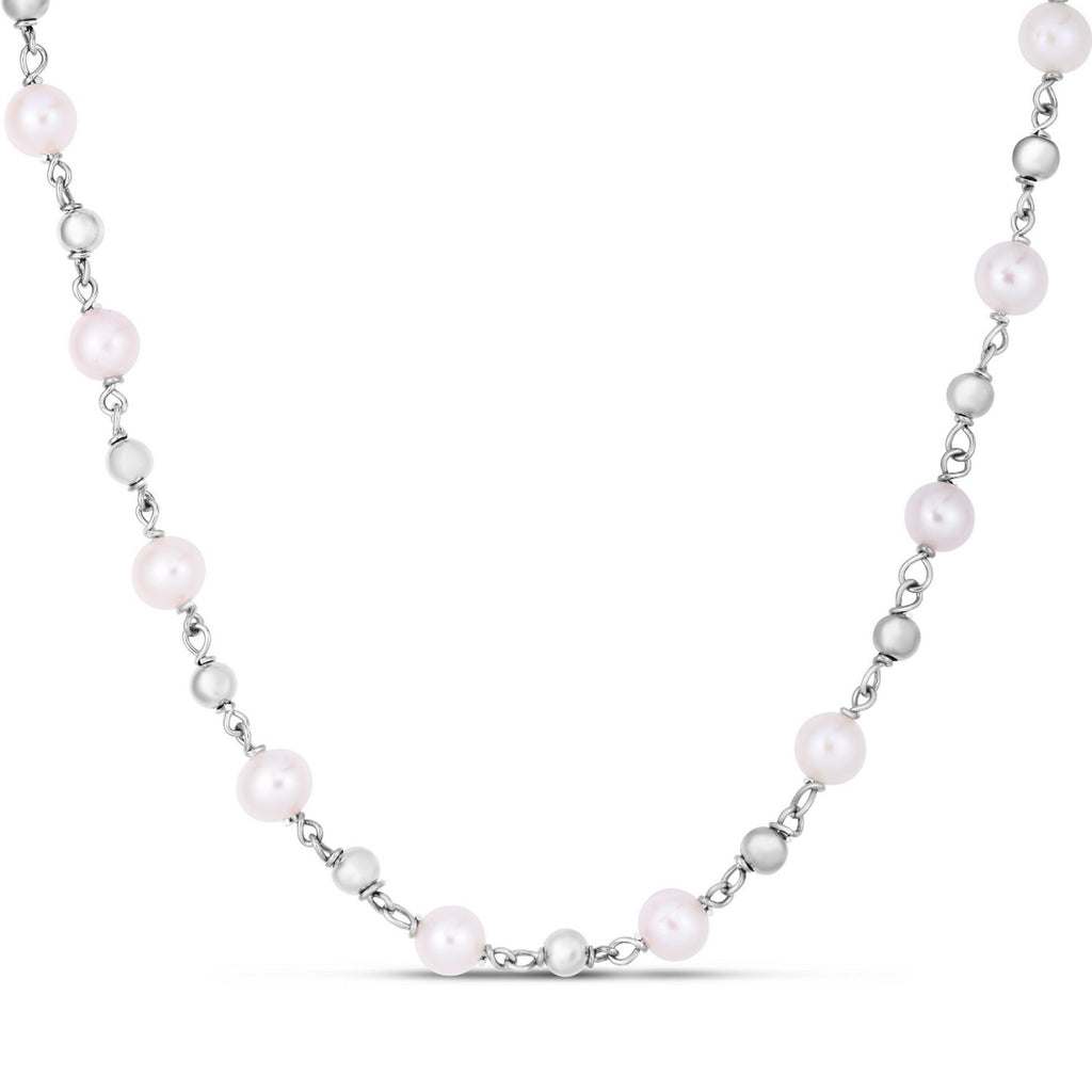 Sterling Silver Rhodium Plated Freshwater Pearl Bead Necklace