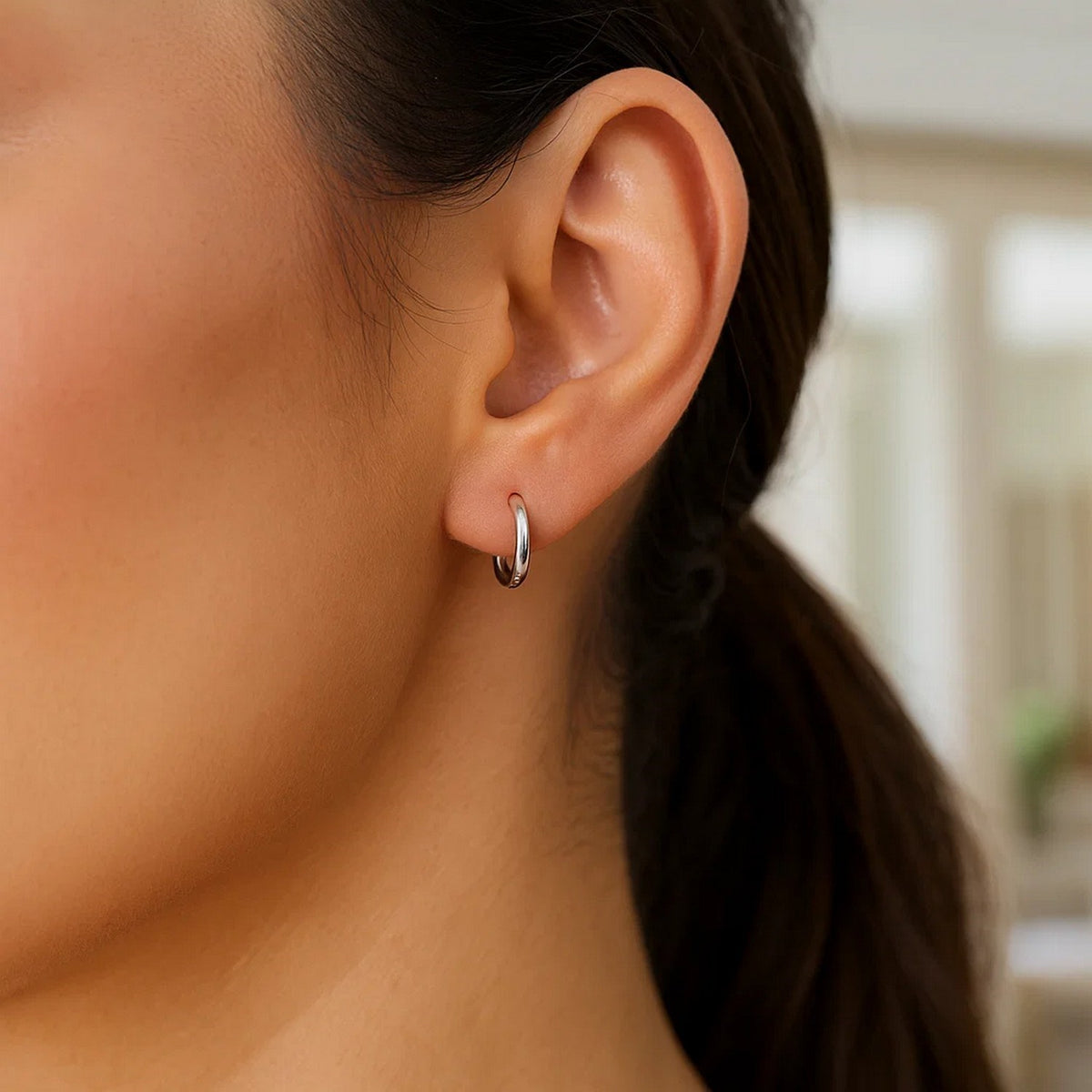 Sterling Silver Rhodium Plated Thin and Small Polished Hoop Earrings (2x10mm)