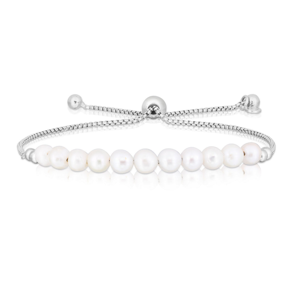 Sterling Silver Rhodium Plated Friendship Freshwater Pearl Drawstring Bracelet