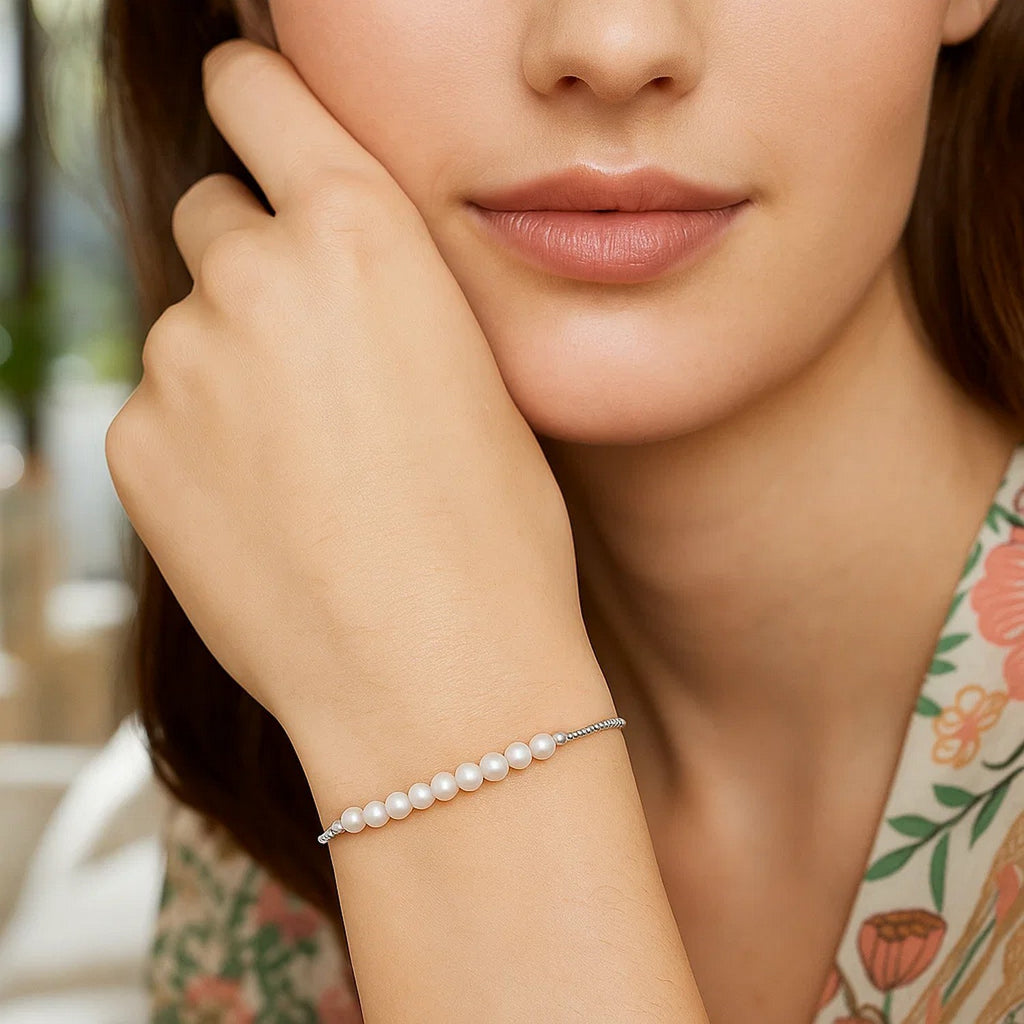 Sterling Silver Rhodium Plated Friendship Freshwater Pearl Drawstring Bracelet