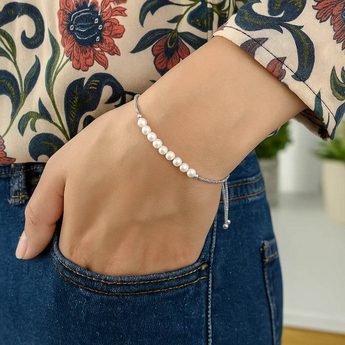 Sterling Silver Rhodium Plated Friendship Freshwater Pearl Drawstring Bracelet