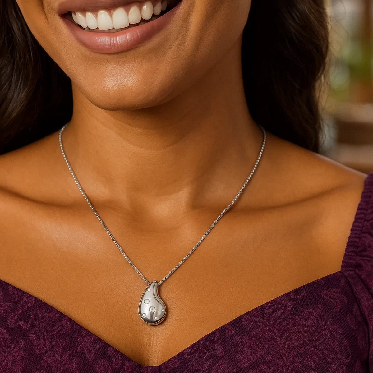 Sterling Silver Rhodium Plated Puffed Raindrop CZ Necklace