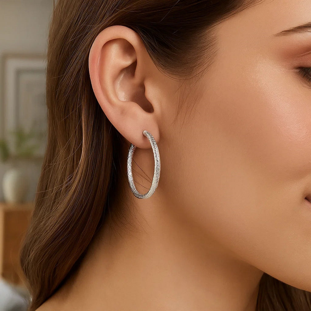 Sterling Silver Large Hoop Earrings with Braid Texture(3x35mm)
