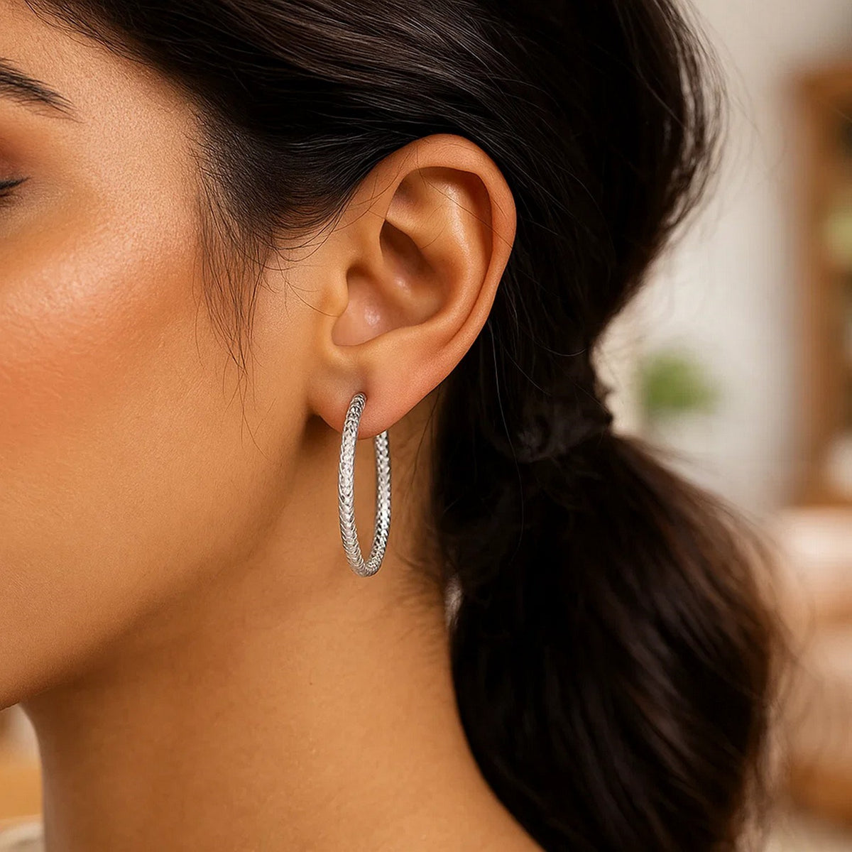 Sterling Silver Large Hoop Earrings with Braid Texture(3x35mm)