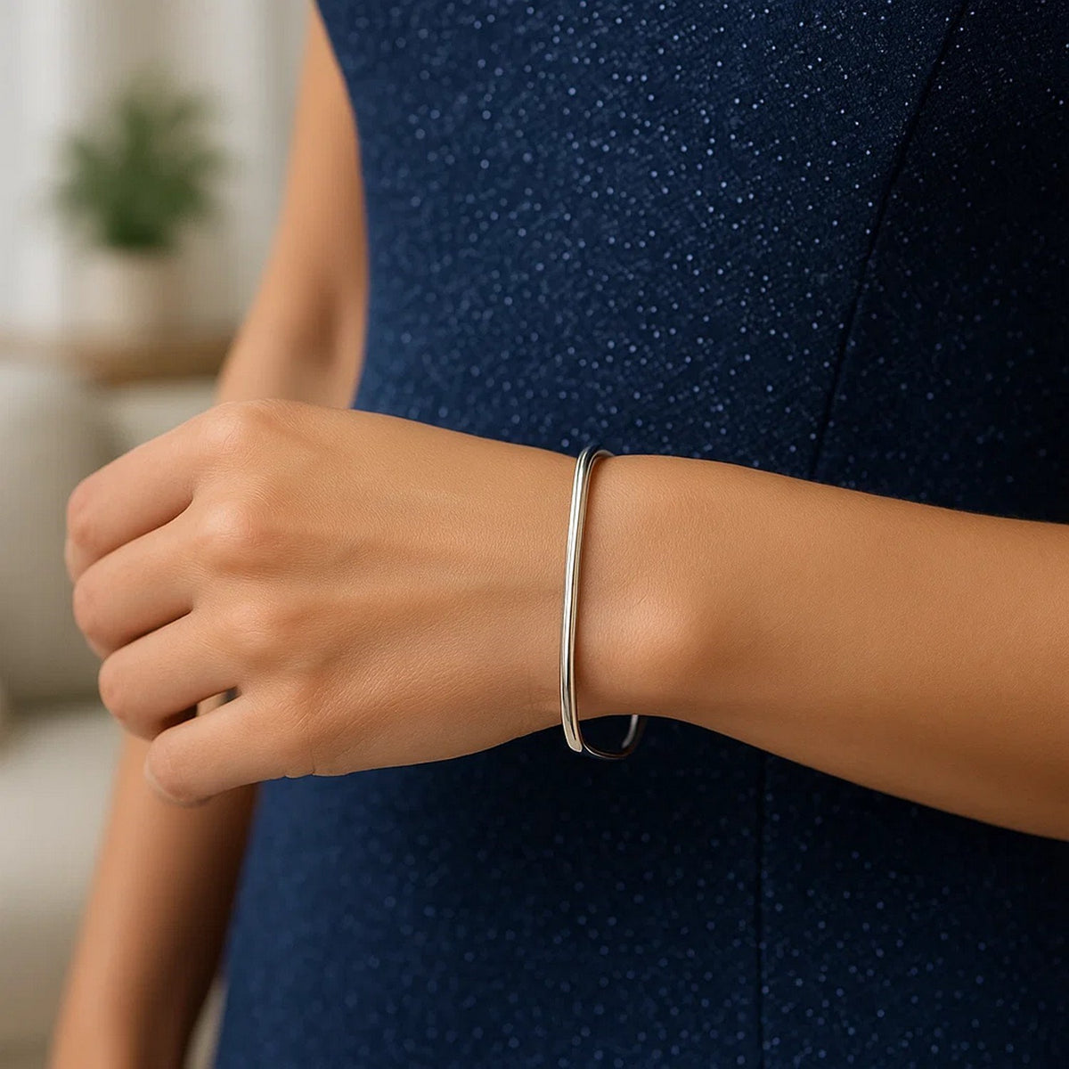 Sterling Silver Rhodium Plated Square Slip On Bangle (3.00 mm)