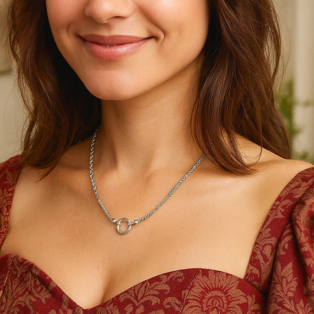Sterling Silver Rhodium Plated Fancy Push Lock Rope Necklace